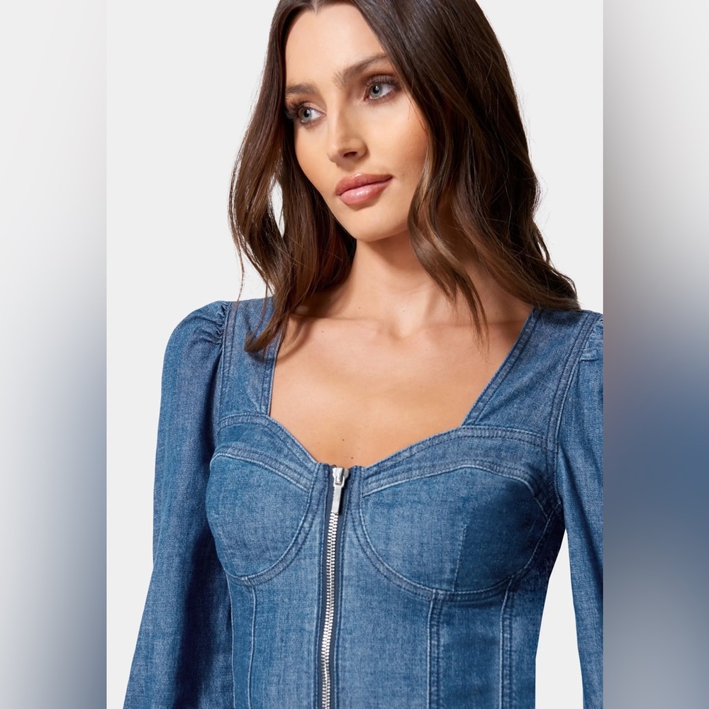BEBE - Denim Long Sleeve Bustier Top - NWT Size S